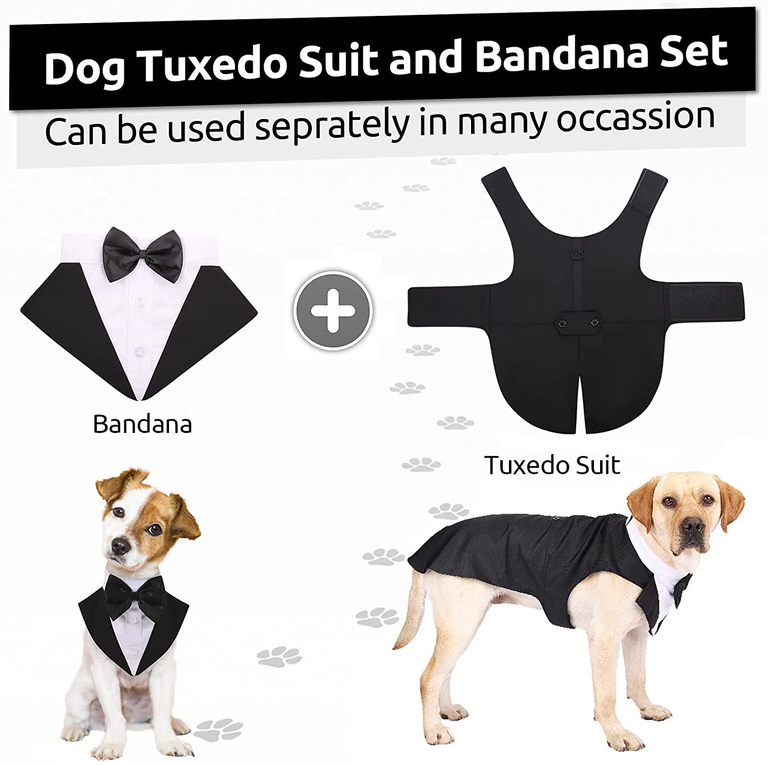 Dog Tuxedo Formal Suit and Bandana Set, Bow Shirt Vest Formal Doggy Outfit