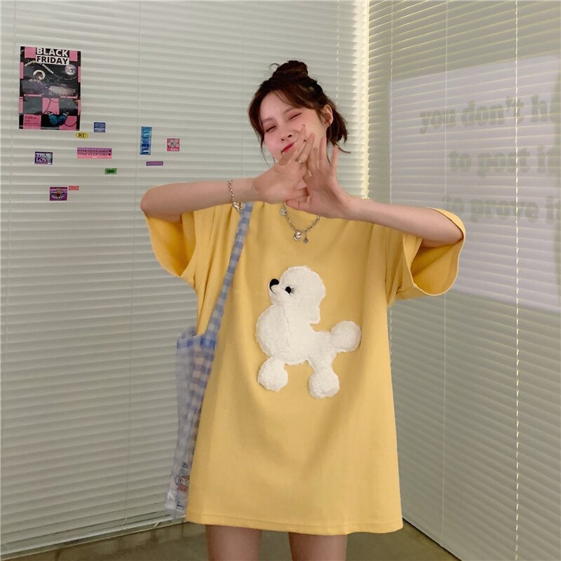 Casual T-shirt Women O-Neck Short Sleeve Appliques Plush Poodle Dog