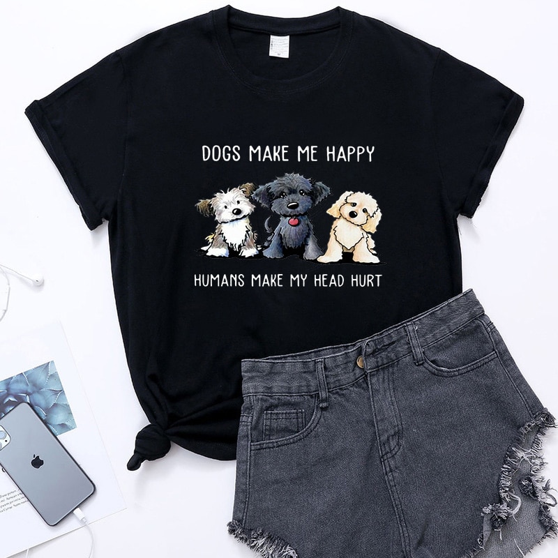 Shih Tzu Dogs Make Me Happy100% Cotton short sleeves T-Shirt