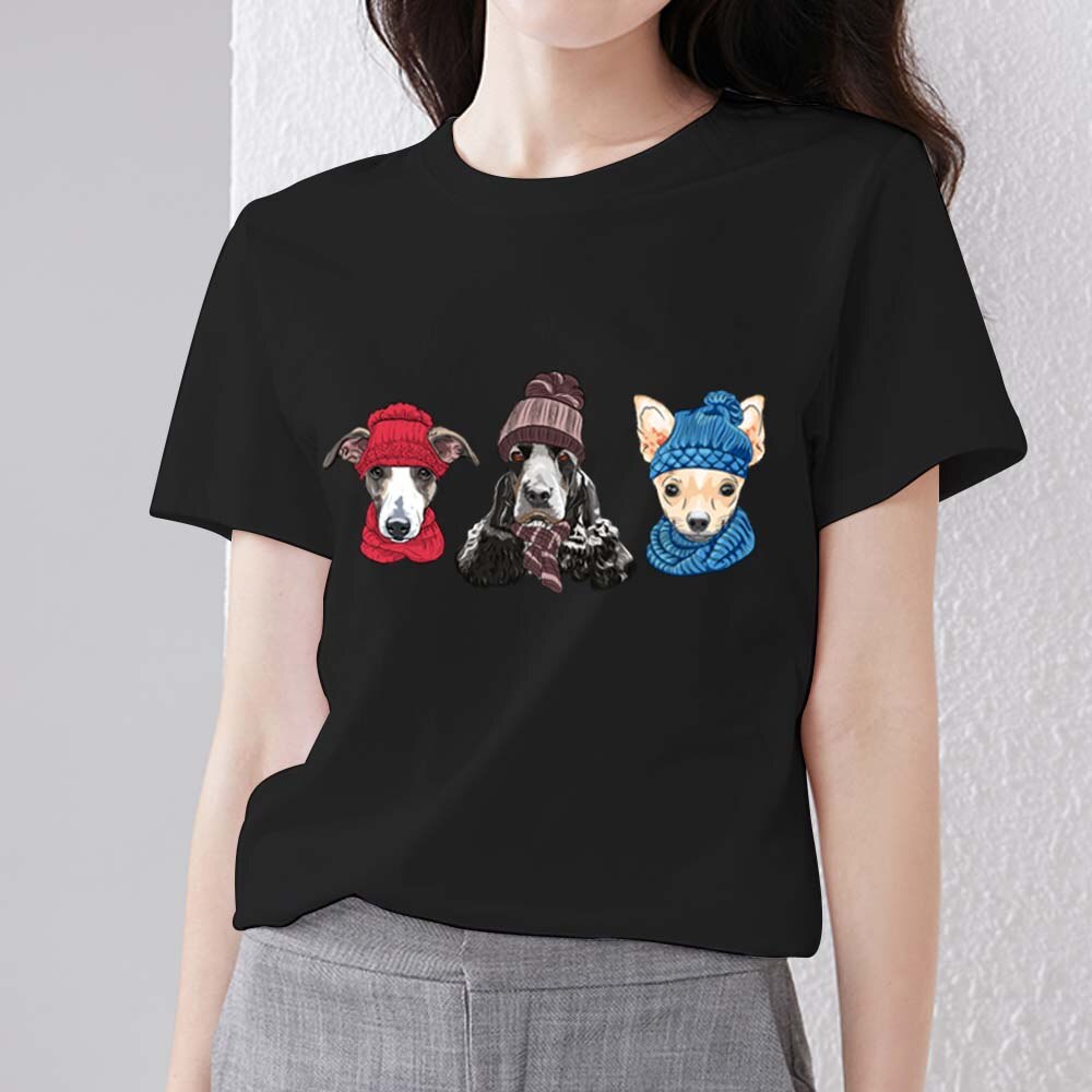 Women's T-shirt Black Polyester Clothing Casual Basic Cute Puppy Headshot Printed Series Commuter Soft Slim Round Neck Top