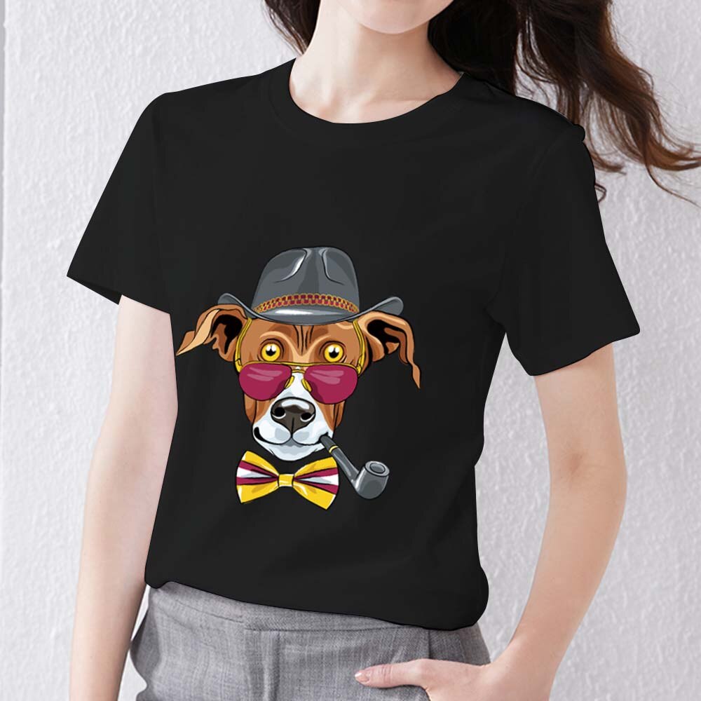 Women's T-shirt Black Polyester Clothing Casual Basic Cute Puppy Headshot Printed Series Commuter Soft Slim Round Neck Top